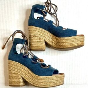 Tory Burch Blue Denim Espadrille Wedges